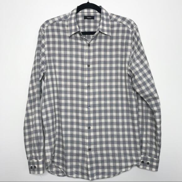 Theory Mens Medium M Desert Check Irving Flanella Button Down Shirt Gray Cotton - Picture 1 of 8